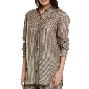 Boden Striped Linen Metallic Tan Relaxed Button Down Shirt Size 10 Regular Tunic